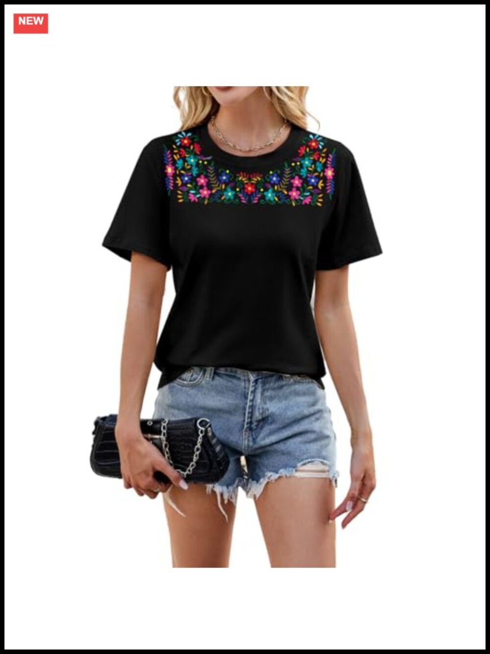 Mexican Embroidered Boho Floral Top Women's Cotton Blend Crew Neck Short Sleeve